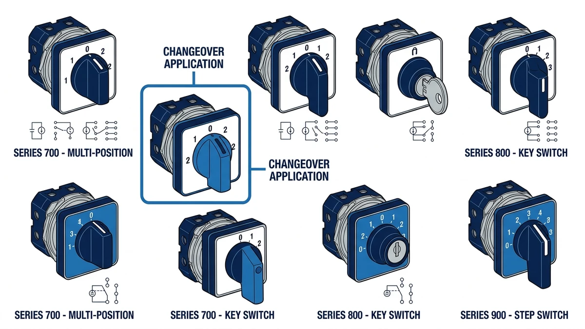 LW28 rotary cam switch family for manual changeover selection applications