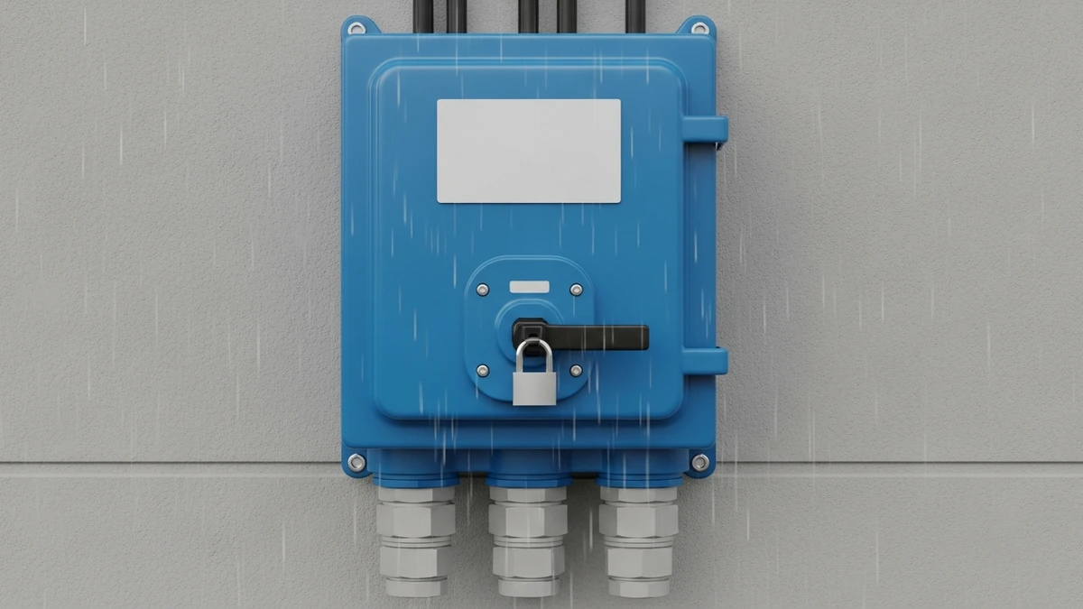 Outdoor enclosed switch disconnector installation with bottom cable entry drip loop and lockout handle