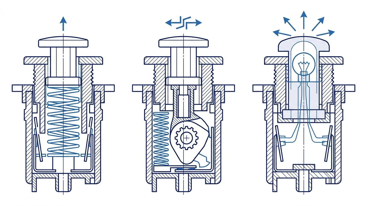 Momentary maintained and illuminated push button switch actuator types