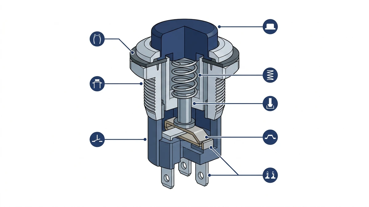 Push button switch internal actuator spring plunger and contact bridge