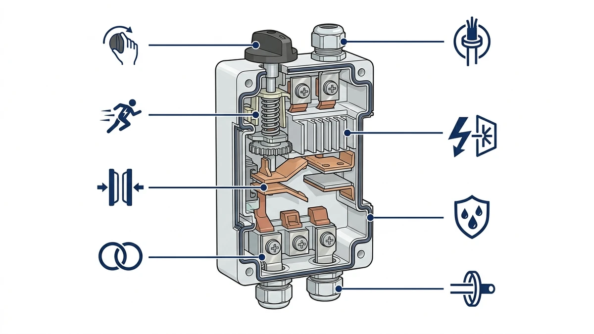 PV DC isolator switch internal contacts and arc suppression path