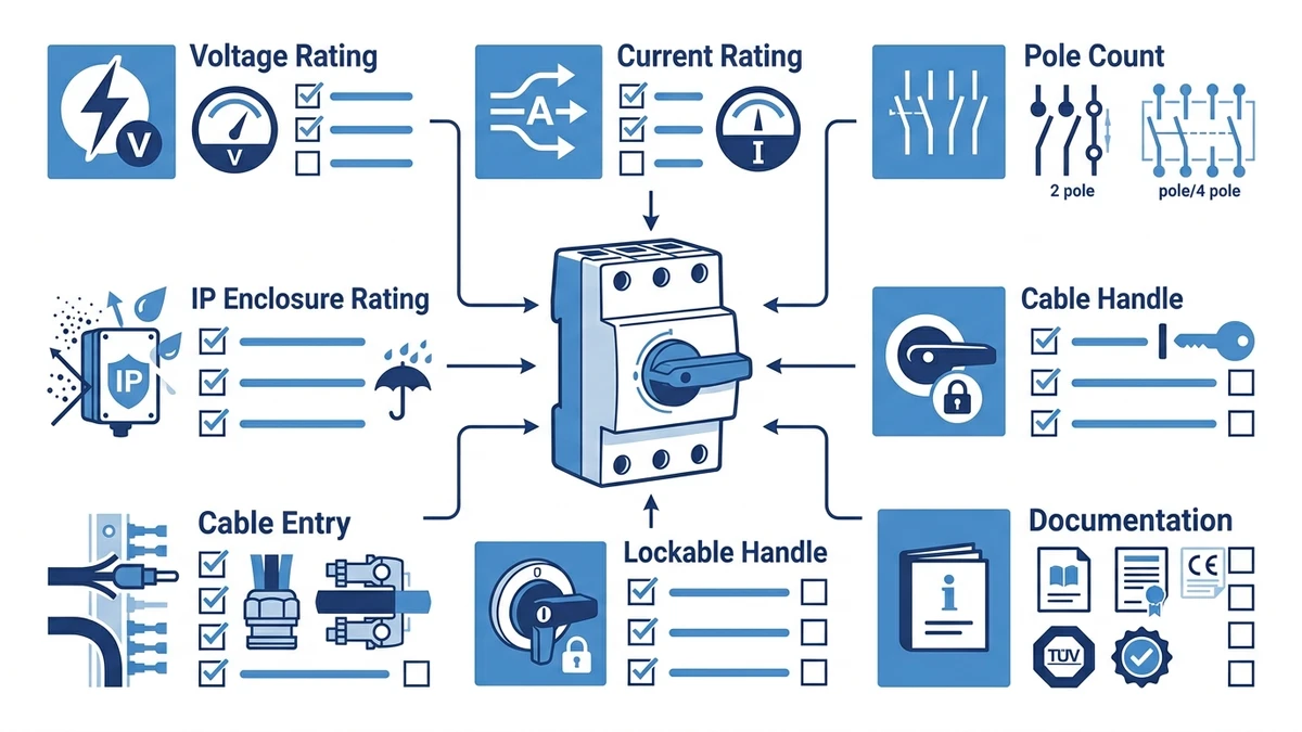PV DC isolator switch selection checklist for voltage current poles and enclosure
