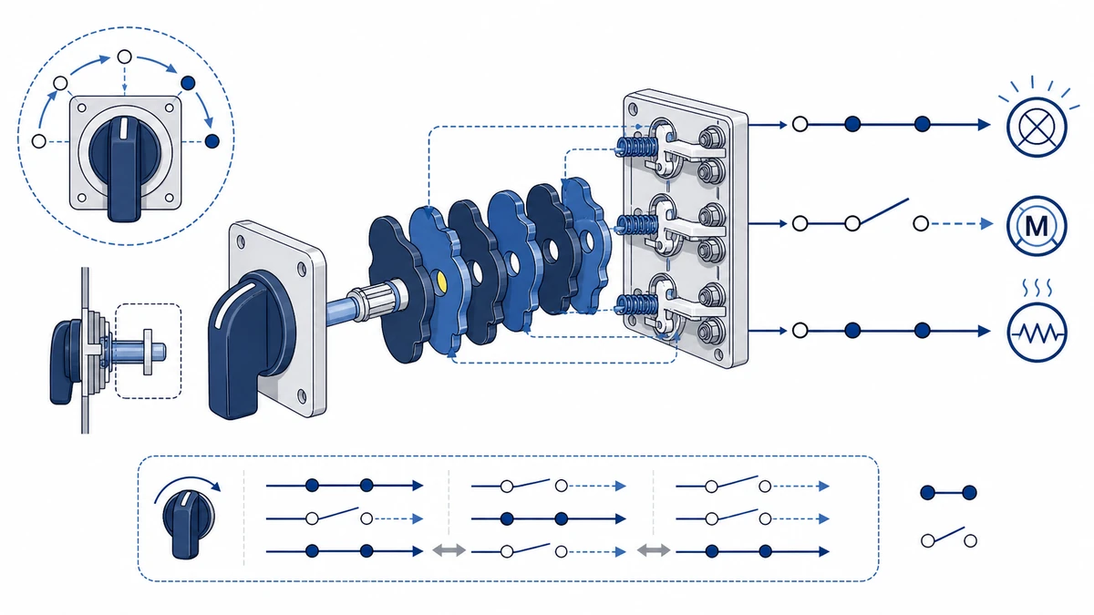 Rotary Cam Switch Applications in Control Panels Machine Tools and Distribution Cabinets concept diagram