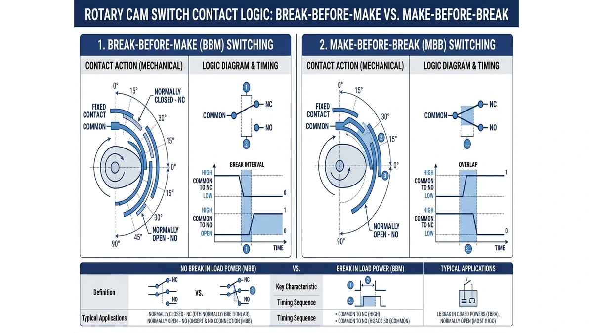 Rotary cam switch contact logic showing break-before-make and make-before-break