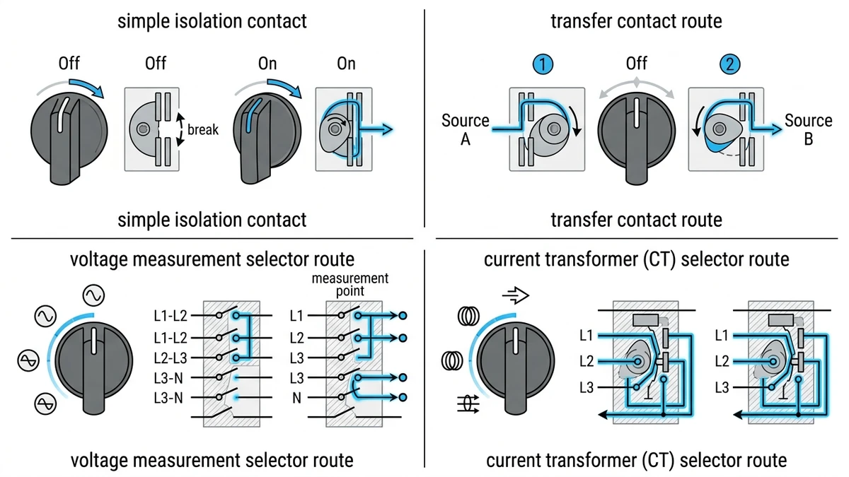 Rotary cam switch function types for isolation transfer voltage selection and current selection