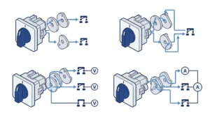 Visão geral das funções do interruptor de came rotativo para rotas de voltímetro e amperímetro de comutação ON-OFF