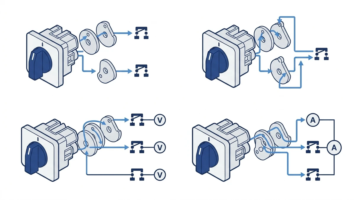 Rotary cam switch functions overview for ON-OFF changeover voltmeter and ammeter routes