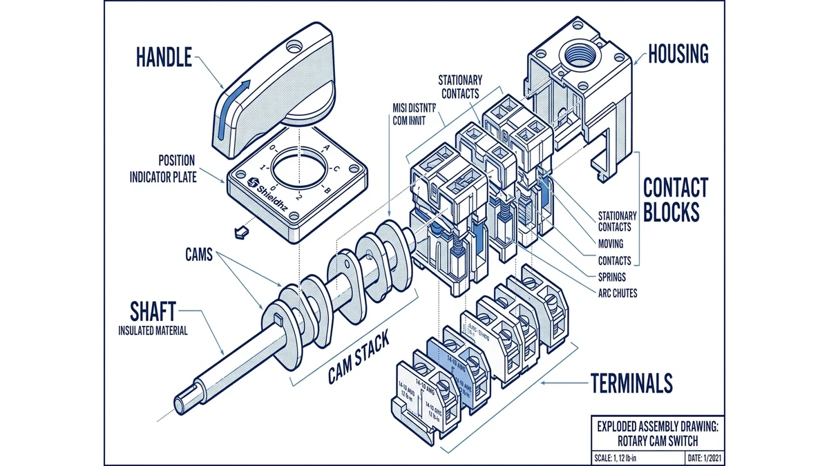 Exploded view of rotary cam switch internal parts and contact stack
