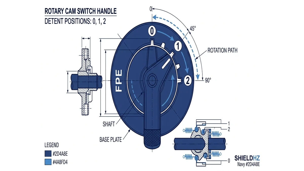 Rotary cam switch handle positions diagram with 0 1 and 2 settings