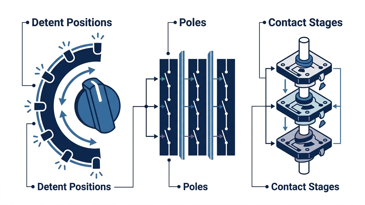Diagrama de definição das posições dos polos e estágios de contato da chave de came rotativa