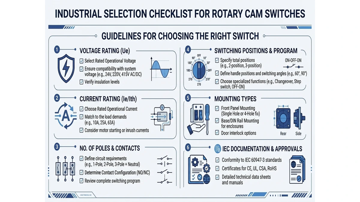 Rotary cam switch selection checklist covering voltage, current, poles, mounting, and IEC documentation