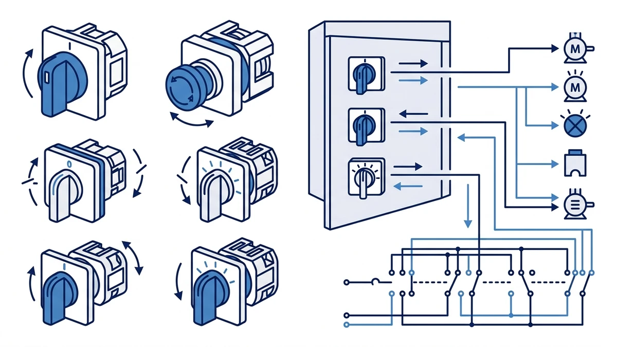 Rotary Cam Switch Selection Guide for Control Panels application and wiring context
