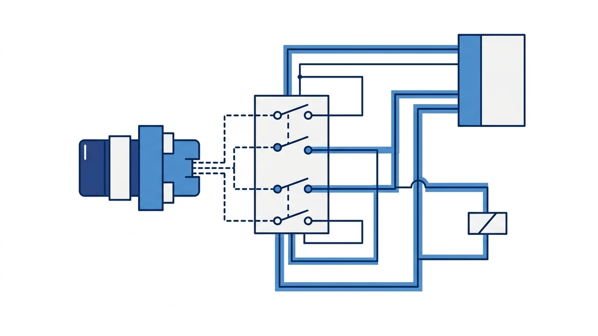 Selector switch contact wiring concept with control circuit paths, PLC input, and relay coil symbols