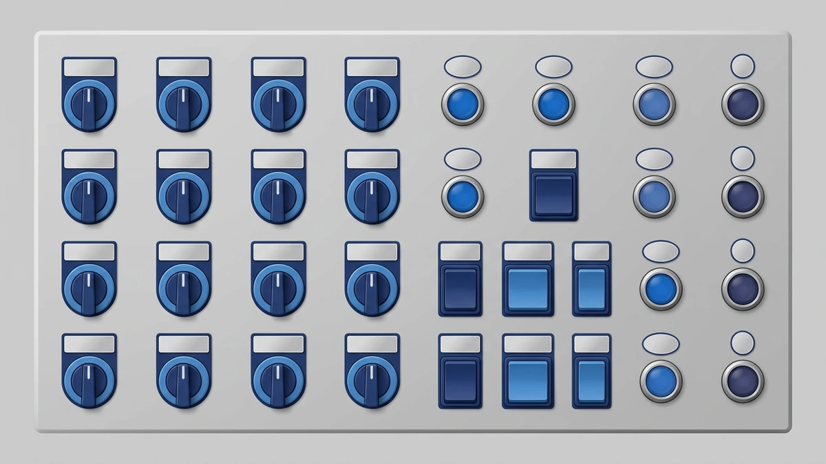 Industrial control panel with maintained selector switches, push buttons, and indicator lights for mode selection