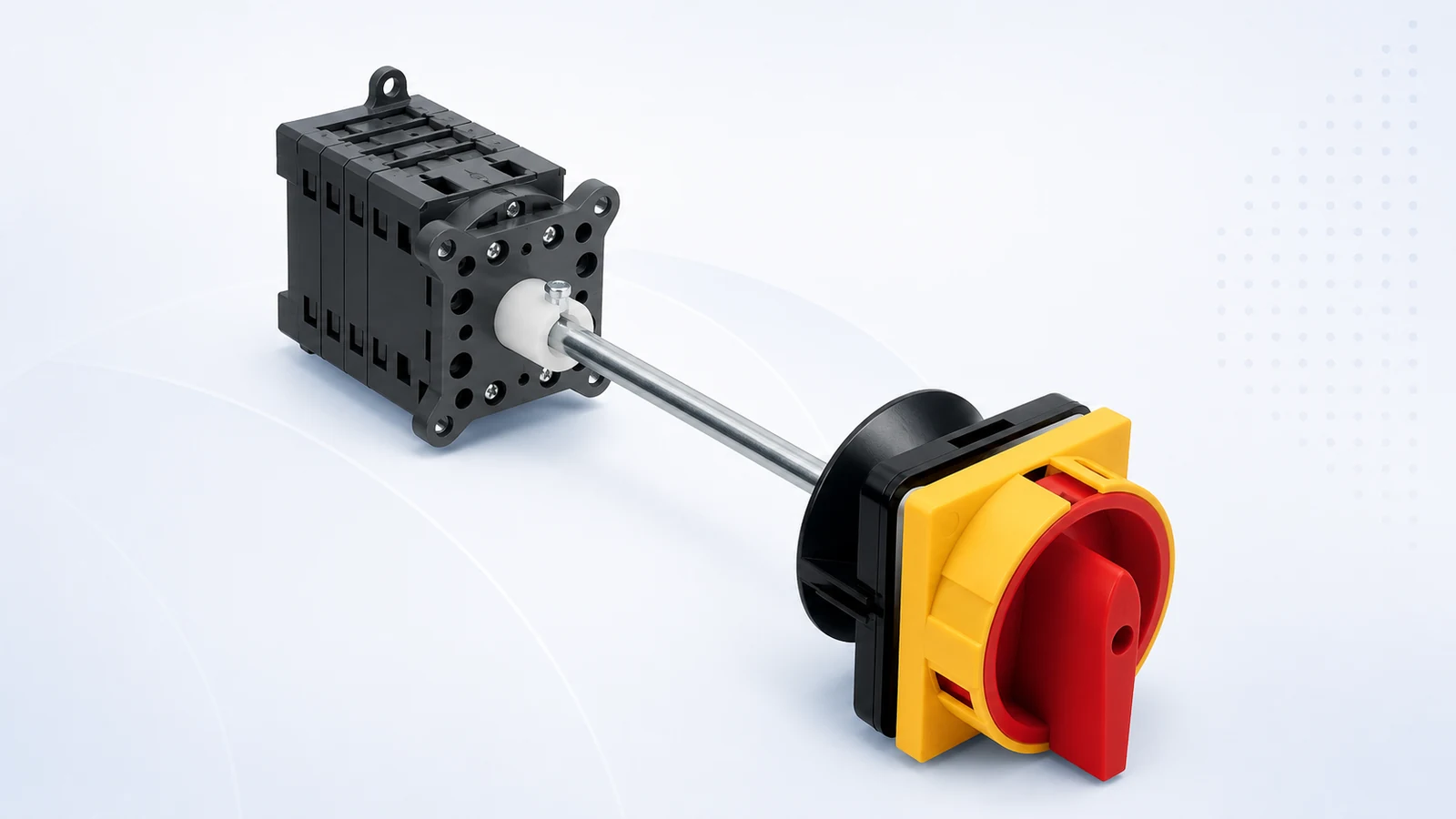 Shieldhz GF41 PV DC isolator switch full product view with extended shaft and red rotary handle