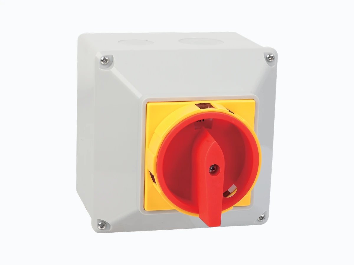 Shieldhz GF41 PV DC isolator switch waterproof box front view with red handle