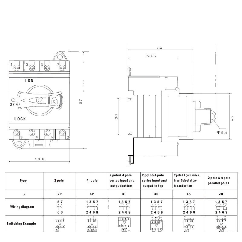 GF51 PV DC isolator switch dimension and terminal wiring drawing