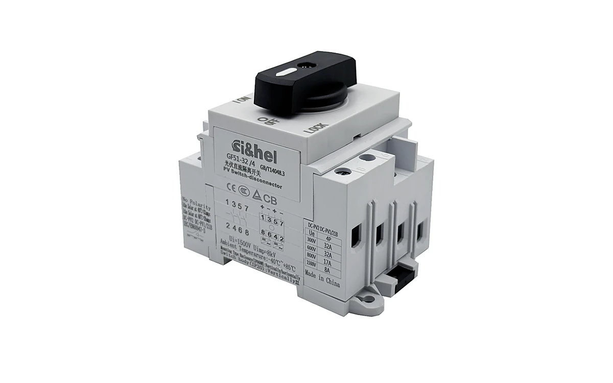 Shieldhz GF51 PV DC isolator switch DIN rail panel mount on white background
