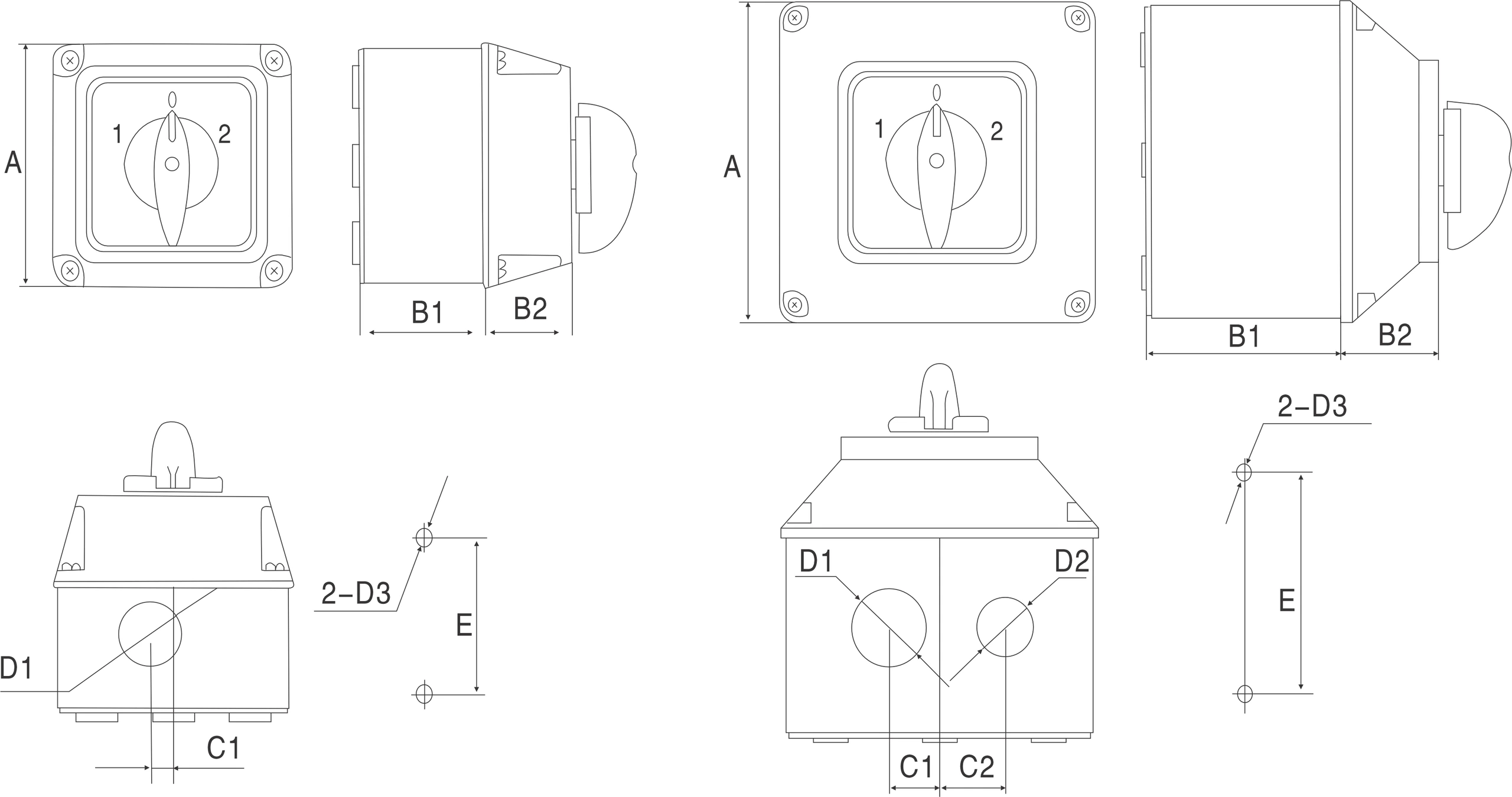 LW28 waterproof cam switch box dimension drawing with handle projection cable entry and mounting data