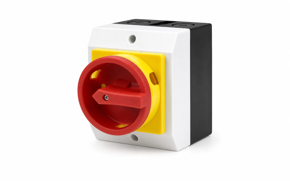 LW42 waterproof rotary isolator switch with red yellow handle on white background