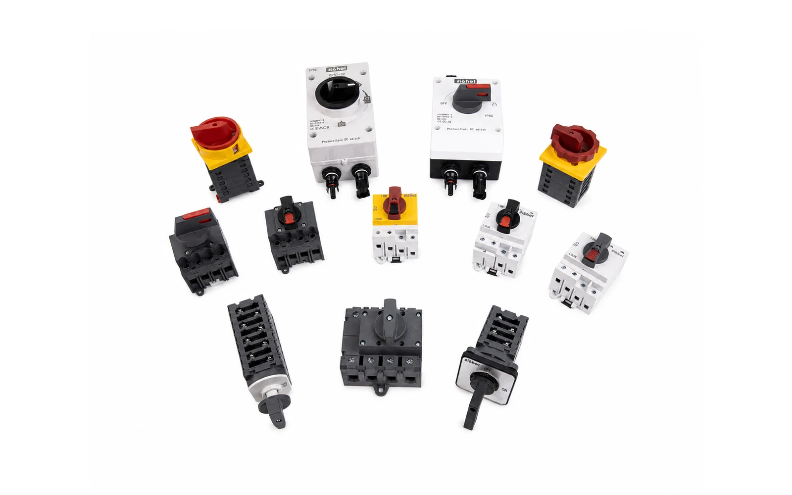 Shieldhz PV DC isolator switch product family on pure white background