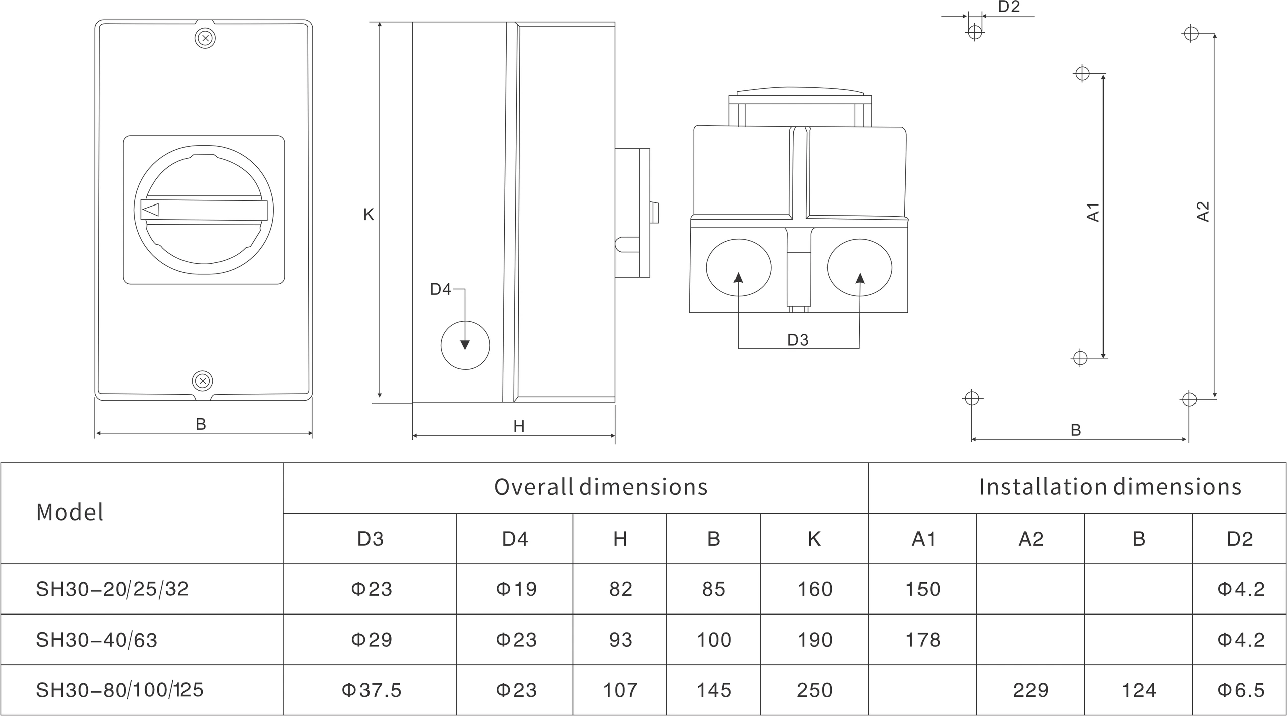 SH30 weatherproof isolator box mounting dimension drawing with cable entry and enclosure depth