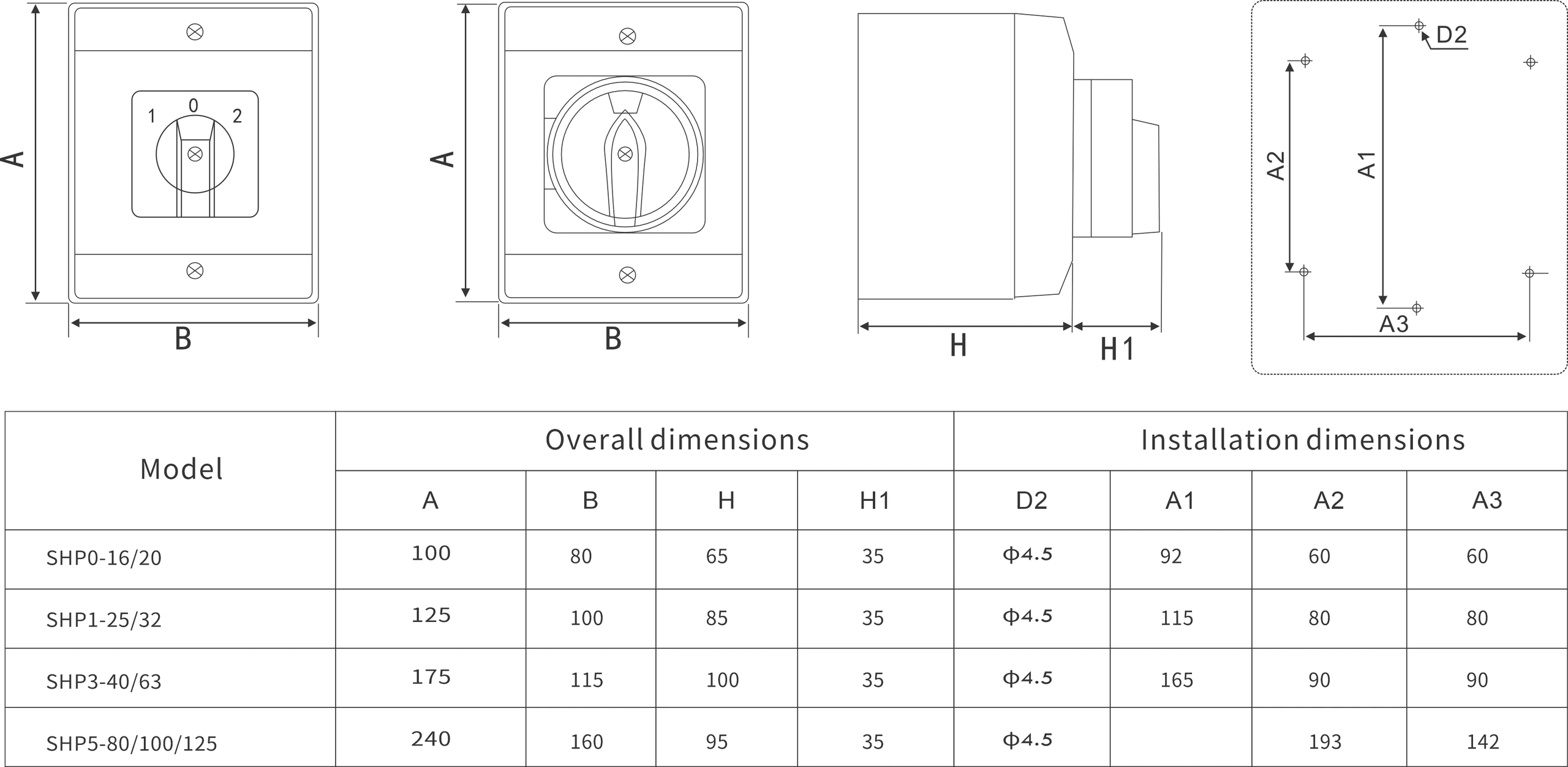 SHP waterproof isolator box dimension drawing with SHP0 SHP1 SHP3 and SHP5 enclosure sizes