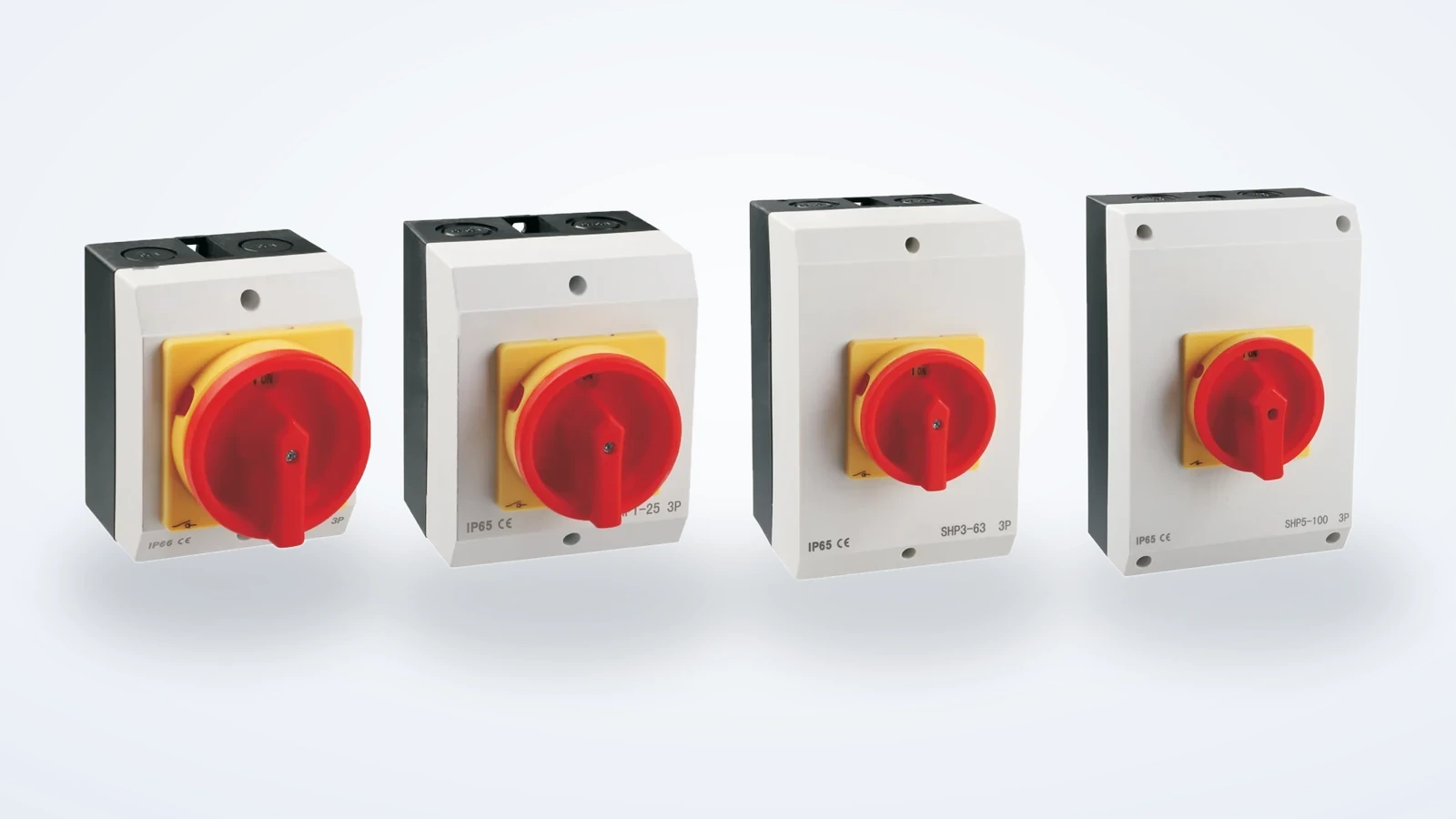 SHP waterproof isolator switch boxes on a soft lit background with unbranded product fronts