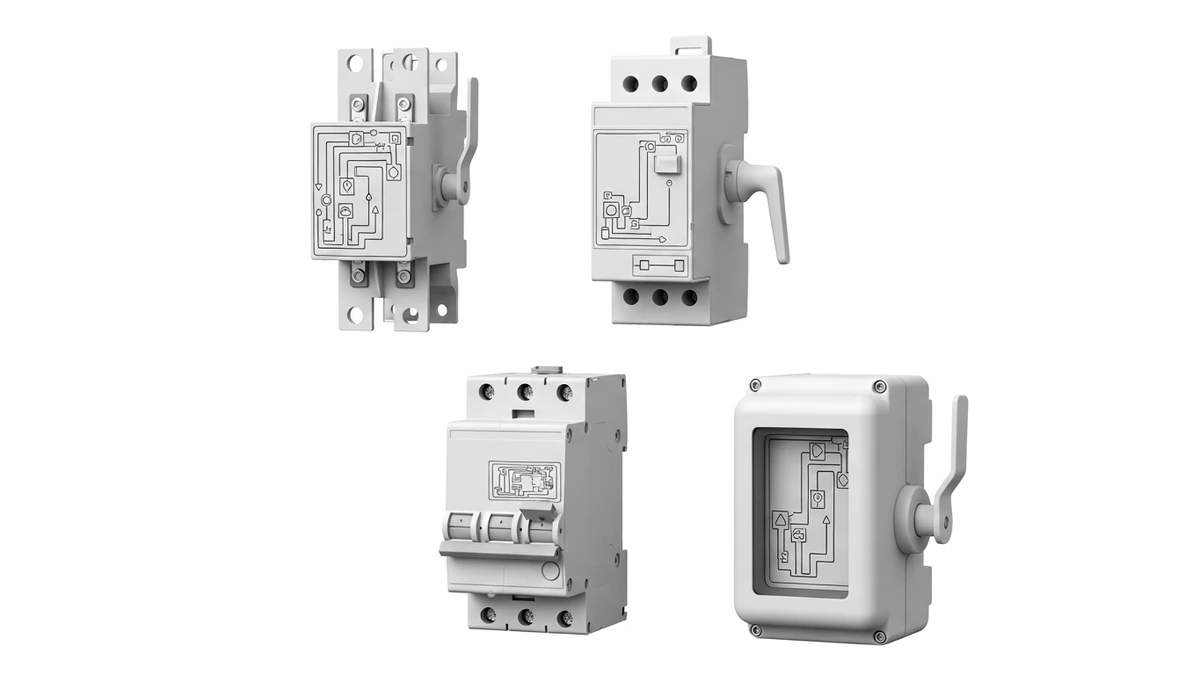 Concept comparison of switch disconnector circuit breaker and waterproof isolator box without text labels