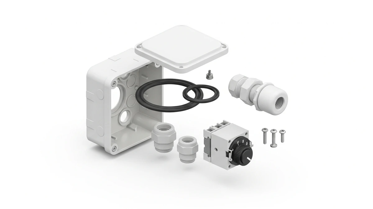Waterproof isolator box enclosure system showing gasket cable glands lid and switch body