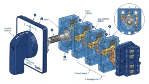 Manual rotary changeover switch with I-0-II positions and internal cam mechanism