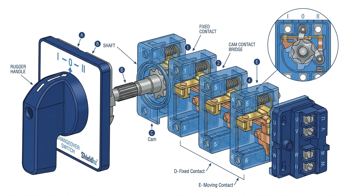 Manual rotary changeover switch with I-0-II positions and internal cam mechanism