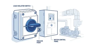 Load isolator switch for local isolation of motors HVAC units and pumps