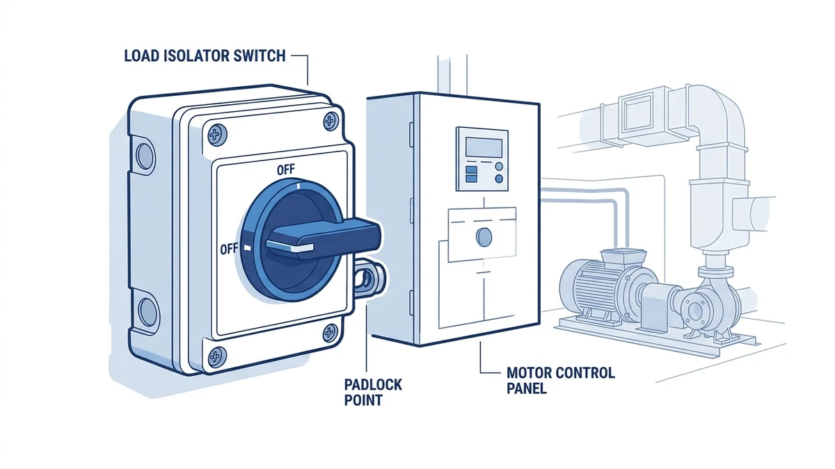 Load isolator switch for local isolation of motors HVAC units and pumps