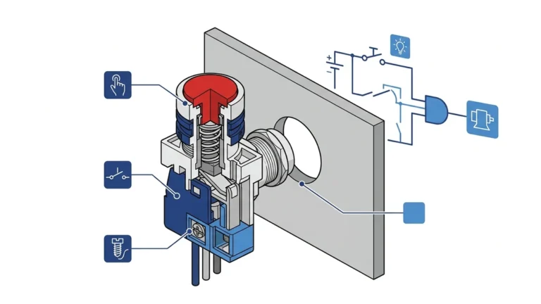 Push button switch cross-section for industrial control panel commands