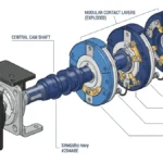 Rotary cam switch technical illustration showing handle, shaft, cam stack, and contacts