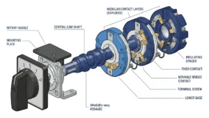 Rotary cam switch technical illustration showing handle, shaft, cam stack, and contacts
