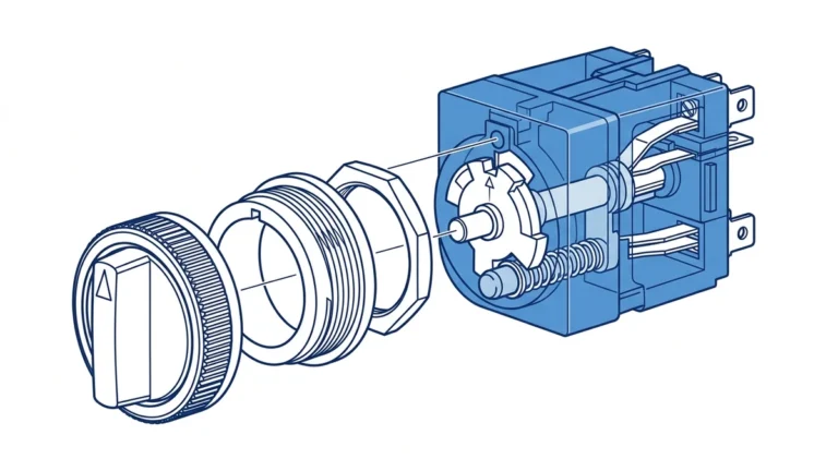 Maintained selector switch exploded view with knob, mounting collar, contact block, and detent mechanism