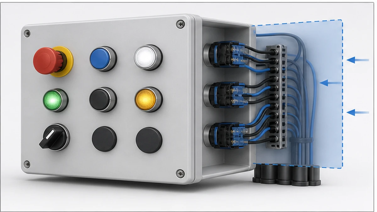 16mm 19mm and 22mm Push Buttons: Panel Cutout Selection application and wiring context
