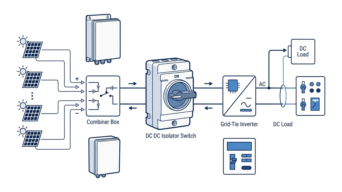 DC Isolator Switch Wiring Between String Combiner and Inverter application and wiring context