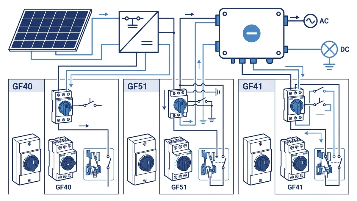 GF40 vs GF51 vs GF41 DC Isolator Switches application and wiring context