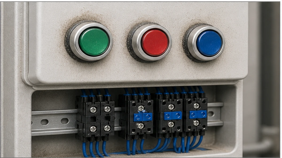 IP65 Push Buttons for Outdoor Dusty and Washdown Control Panels application and wiring context