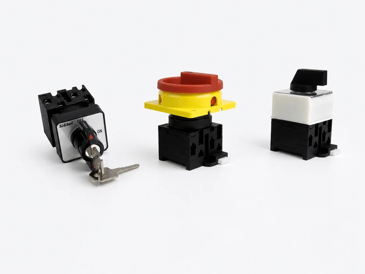 Shieldhz LW42 DIN-rail mounting rotary cam switch assemblies on unified white studio background