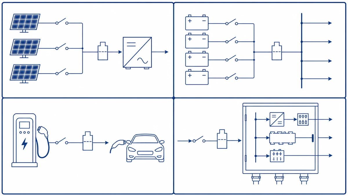 Four-panel schematic showing DC isolator and circuit breaker placement in solar PV, battery storage, EV charging, and industrial DC bus applications