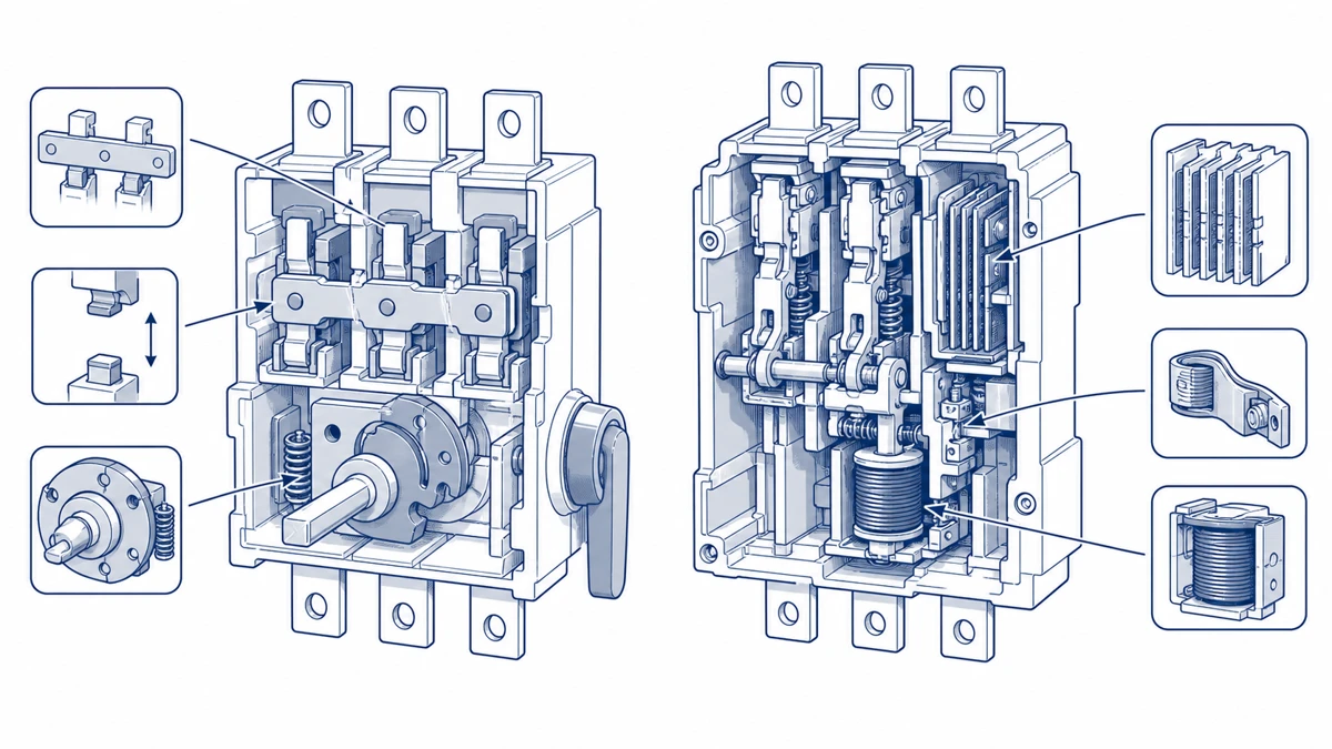 DC isolator switch contact bridge and cam assembly compared to circuit breaker bimetallic trip and arc chute internal components