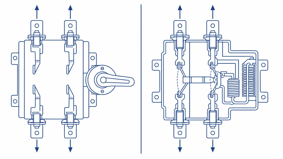 DC isolator switch visible air gap versus DC circuit breaker automatic trip mechanism schematic comparison diagram