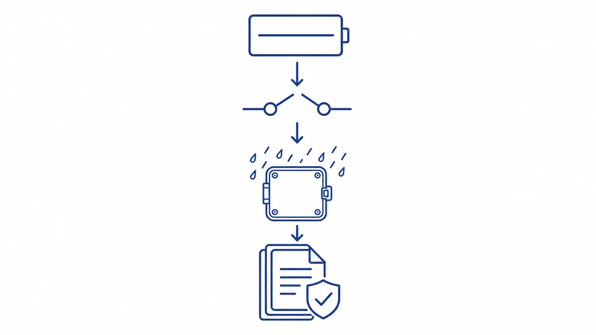Four-step DC isolator switch order verification process covering voltage rating, pole configuration, IP enclosure class, and documentation package