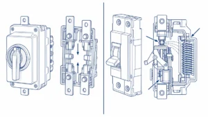 DC isolator switch open-contact air gap compared to DC circuit breaker automatic trip mechanism side by side