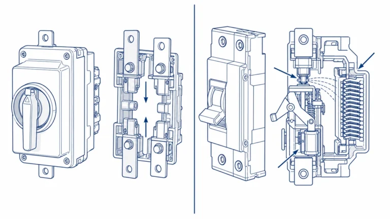 DC isolator switch open-contact air gap compared to DC circuit breaker automatic trip mechanism side by side