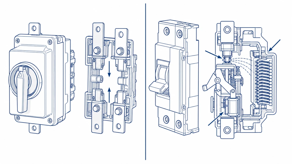 DC isolator switch open-contact air gap compared to DC circuit breaker automatic trip mechanism side by side